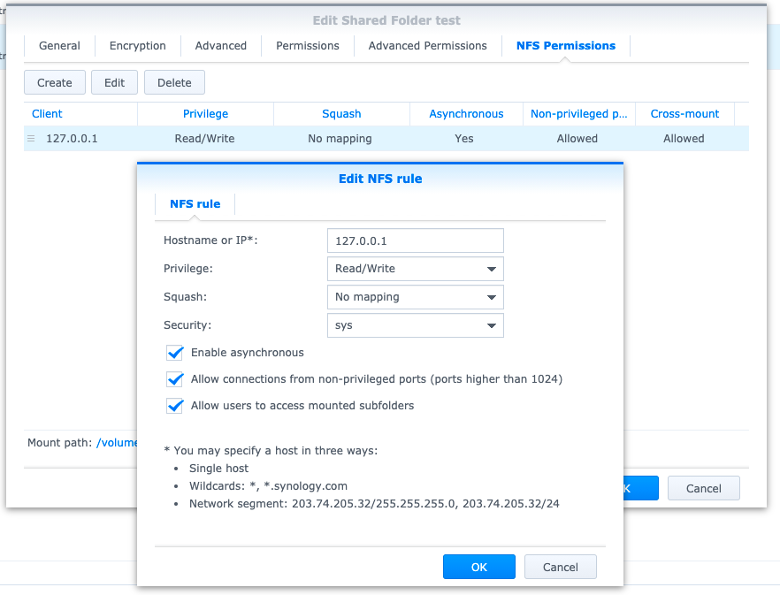 Described NFS settings as shown in the Edit NFS rules window